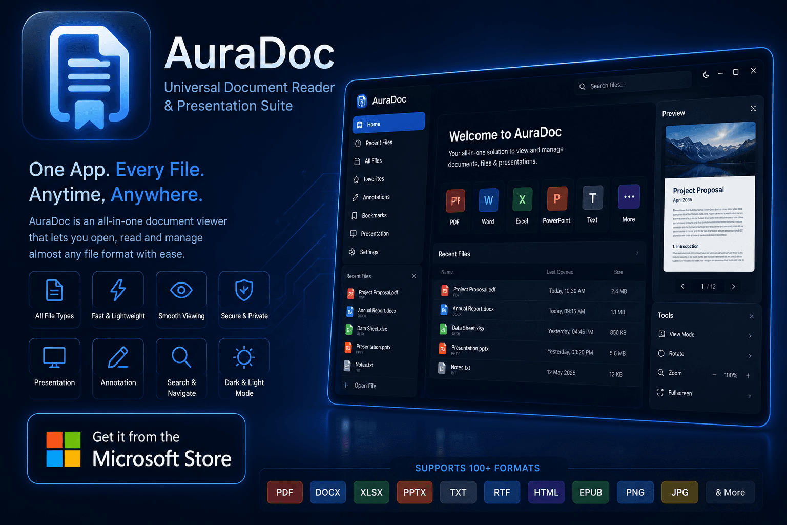 AuraDoc - A modern, ultra-fast universal document reader and presentation suite with a sleek glassmorphic interface, supporting multiple file formats with 100% offline privacy.